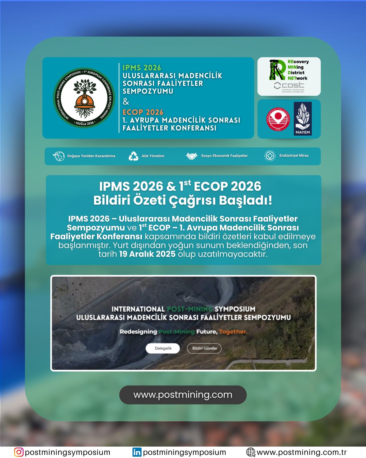  1st ECOP & IPMS 2026 – Uluslararası Madencilik Sonrası Faaliyetler Sempozyumu ve 1. Avrupa Madencilik Sonrası Faaliyetler Konferansı’nda Akademik İş Birliği 